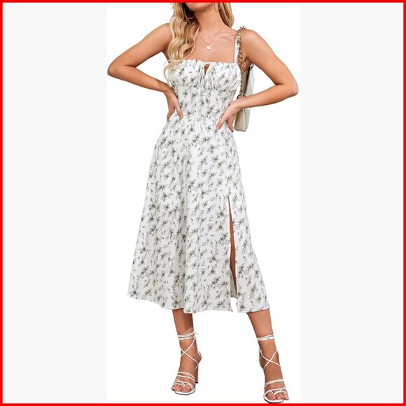 Floral Midi Corset Dress Lace Up Back Slit Casual Sundress Wedding Guest